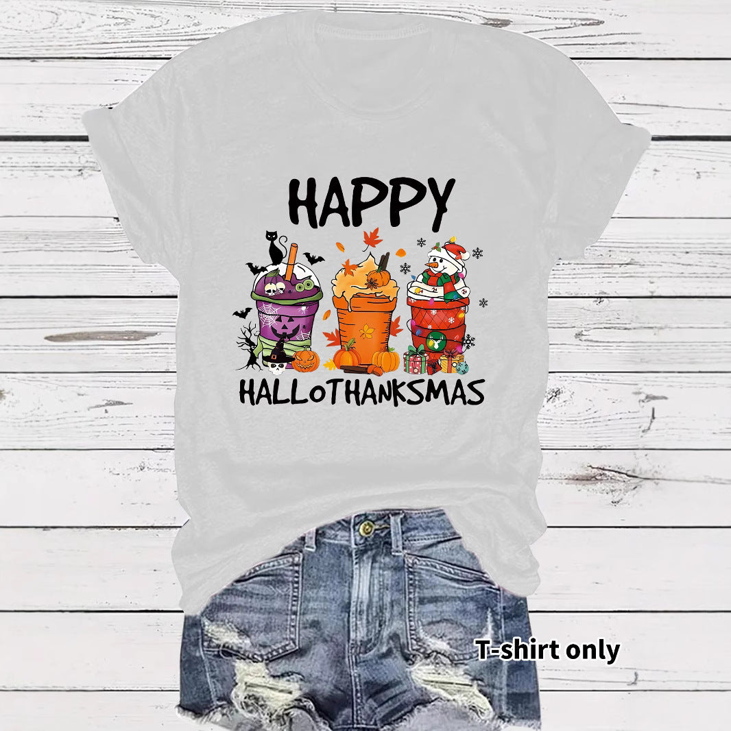 Women's Happy Hallothanksmas T-Shirt – Holiday Graphic Crew Neck Short Sleeve Top from Mish Mash Market