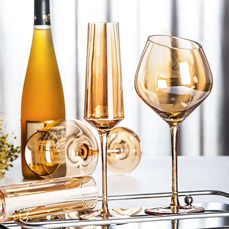 Nordic Luxury Amber Champagne Flutes – Gold Rimmed Lead-Free Crystal from Mish Mash Market