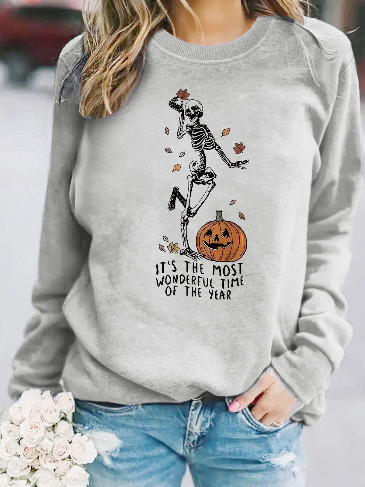 Pumpkin Skull Halloween Sweatshirt - Skeleton Graphic Print Pullover from Mish Mash Market