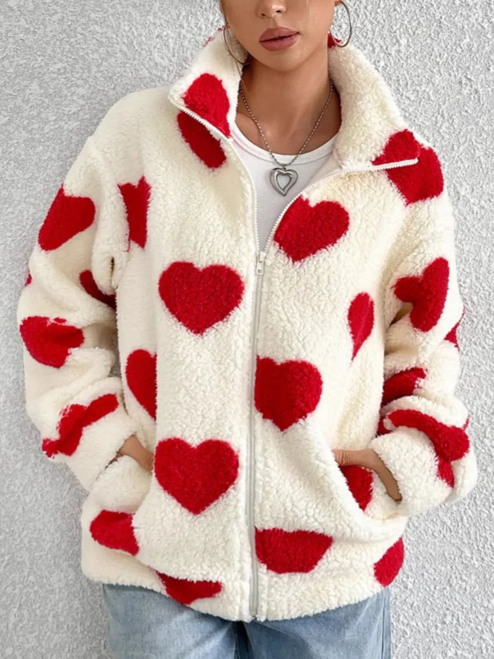 Women’s Long Sleeve Love Heart Print Zipper Cardigan Jacket – Relaxed Fit Fall Outerwear