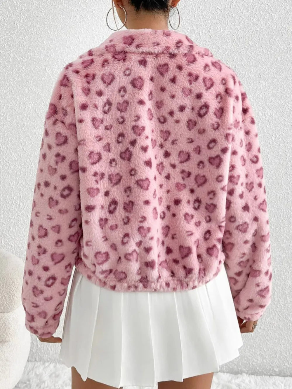 Women’s Valentine’s Day Love Print Faux Fur Jacket – Long Sleeved Zippered Plush Coat