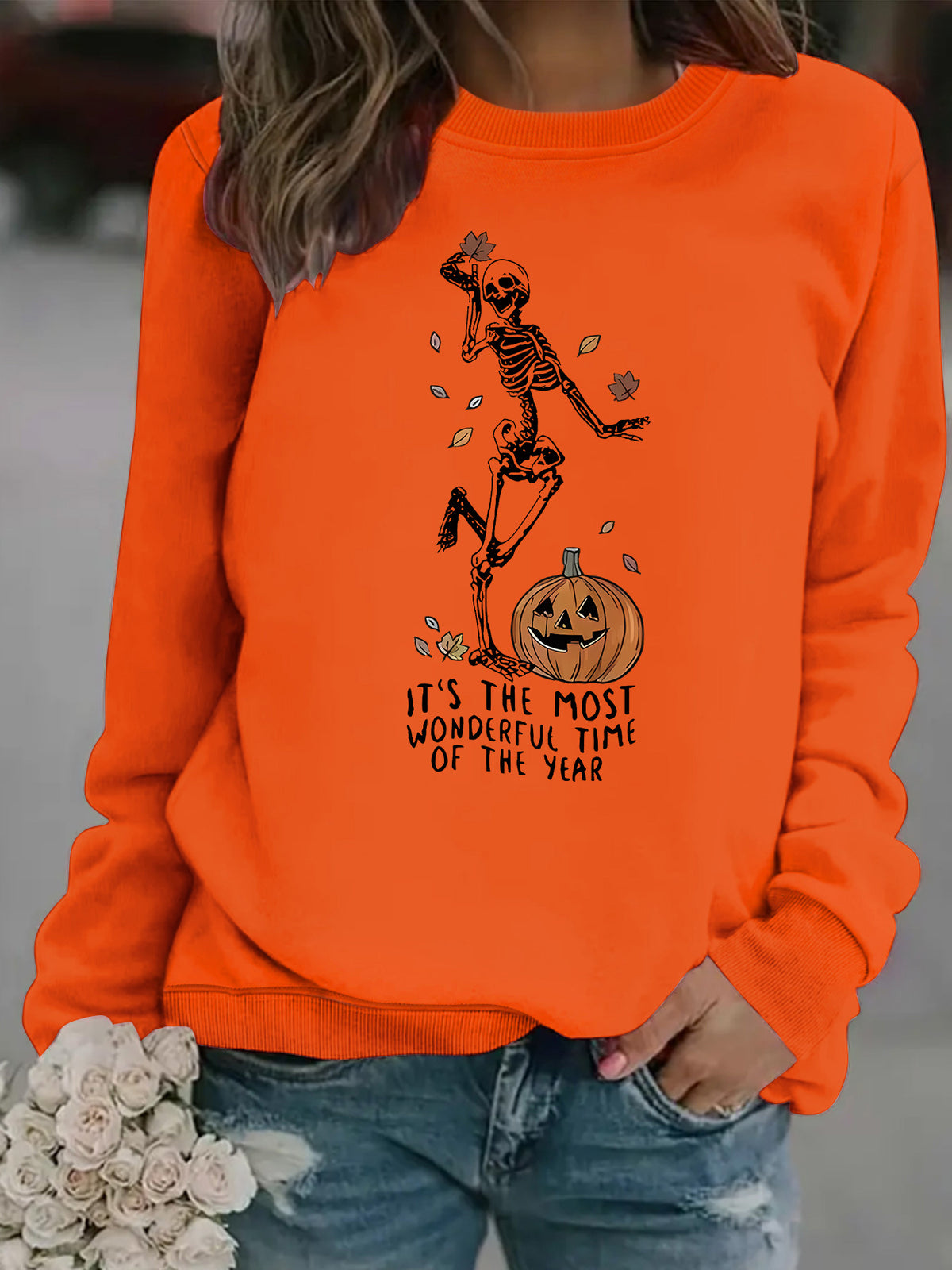 Pumpkin Skull Halloween Sweatshirt - Skeleton Graphic Print Pullover from Mish Mash Market