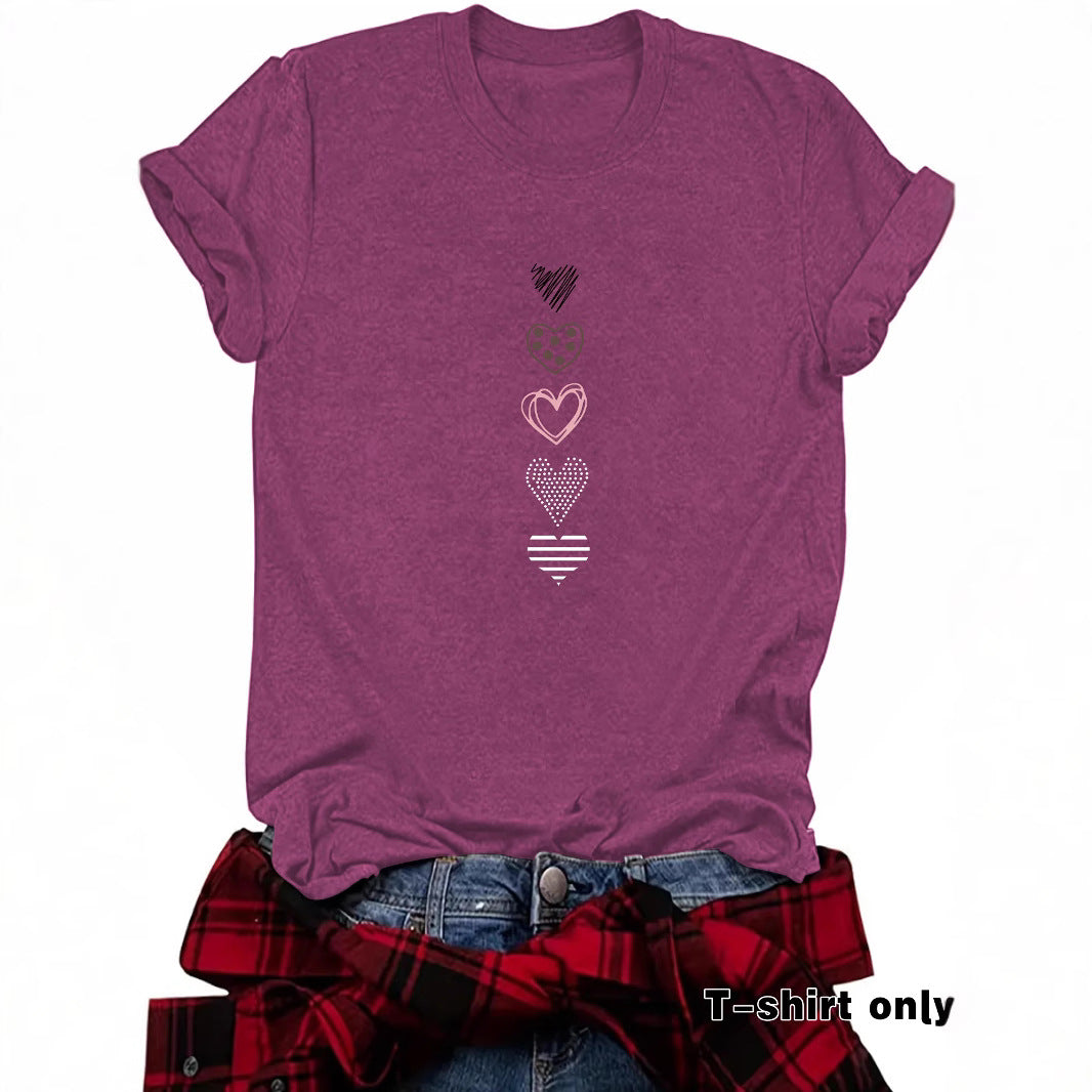 Women’s Love Pattern Printed Top – Casual Crew Neck Short Sleeve Graphic T-Shirt