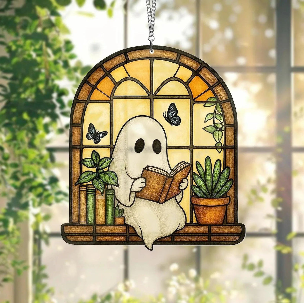 Stained Glass Ghost Reading Light Catcher Hanging Ornament - Halloween Window Decoration from Mish Mash Market