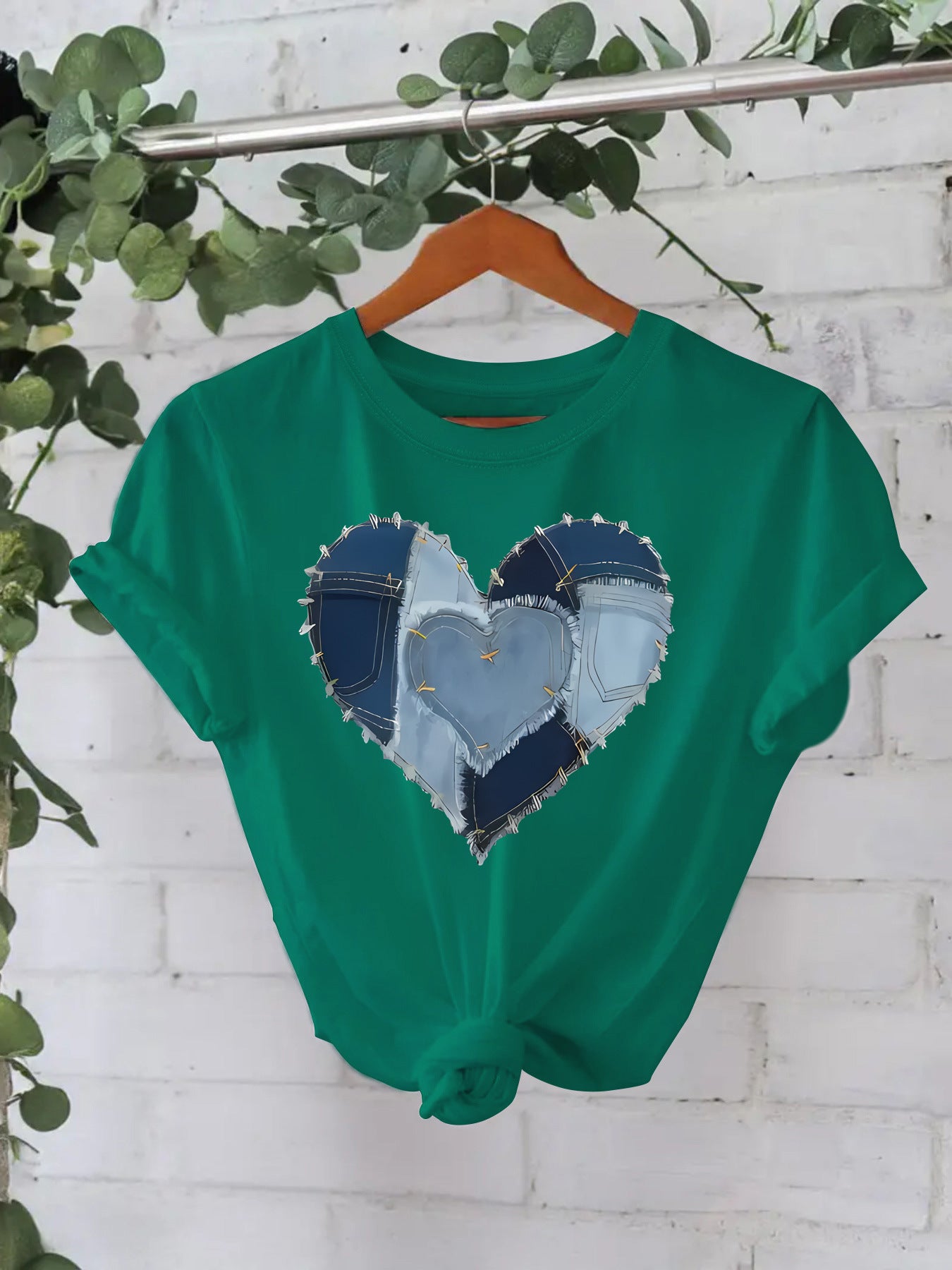 Western Cowboy Heart Graphic T-Shirt - Blue Denim Patch Print Short Sleeve Tee from Mish Mash Market