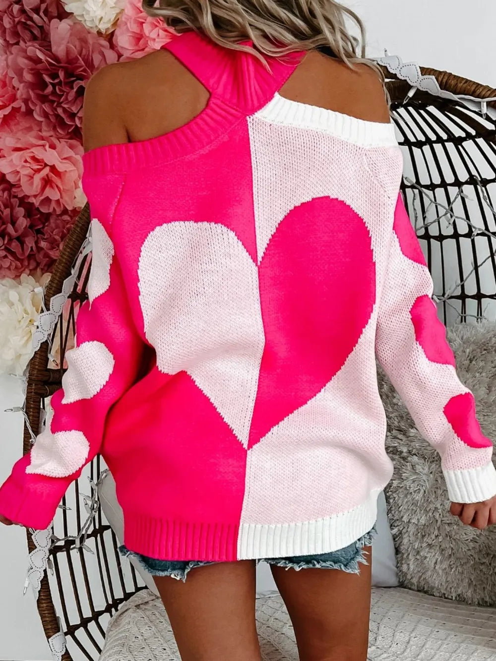 Women's Valentine's Day Heart Turtleneck Sweater - Cold Shoulder Knit Top from Mish Mash Market