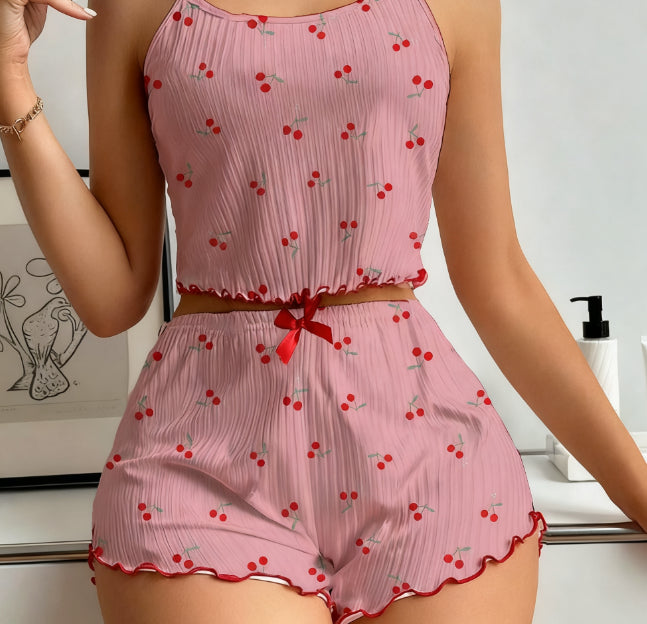 Women’s Two-Piece Love Heart Print Pajamas – Sleeveless Crop Top and Ruffle Shorts Set