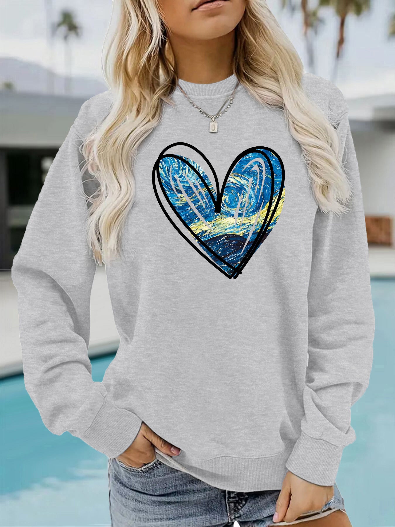 Heart Print Crewneck Sweatshirt - Abstract Graphic Pullover for Women from Mish Mash Market