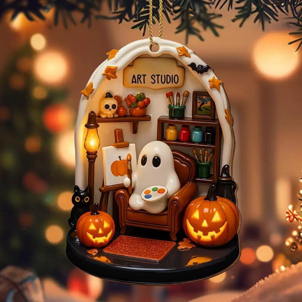 Handmade Spooky Halloween Reading Nook Acrylic Ornament – Cozy Ghost Decoration from Mish Mash Market