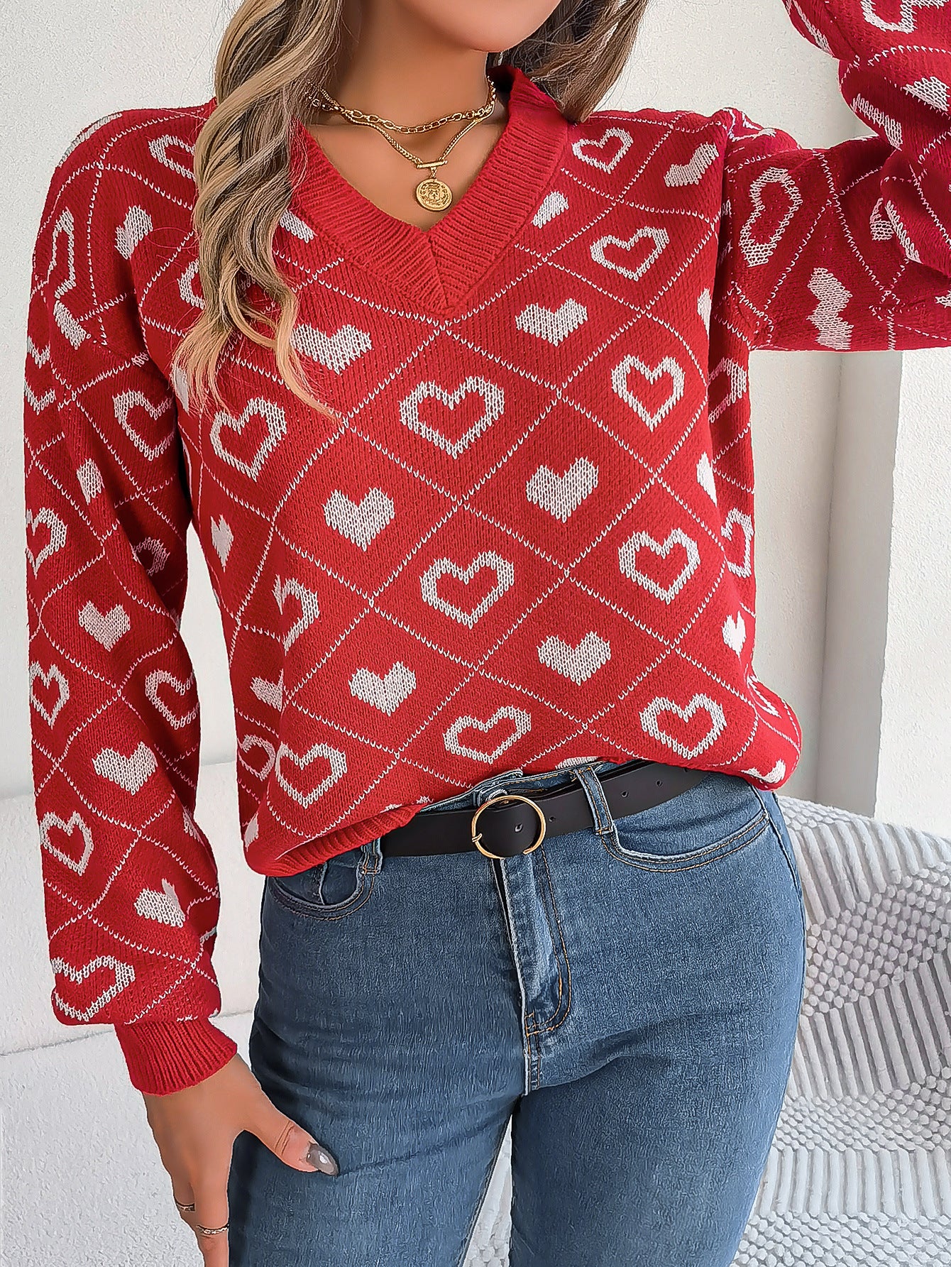 Women’s Long Sleeve V-Neck Love Heart Sweater – Relaxed Fit Lantern Sleeve Knit Top