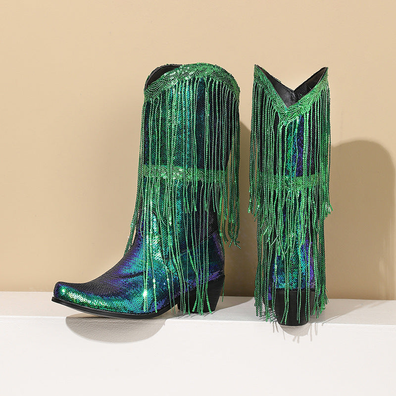 Shiny Glitter Western Boots with Tassels - Women's Mid-Calf Sequin Heeled Boots from Mish Mash Market