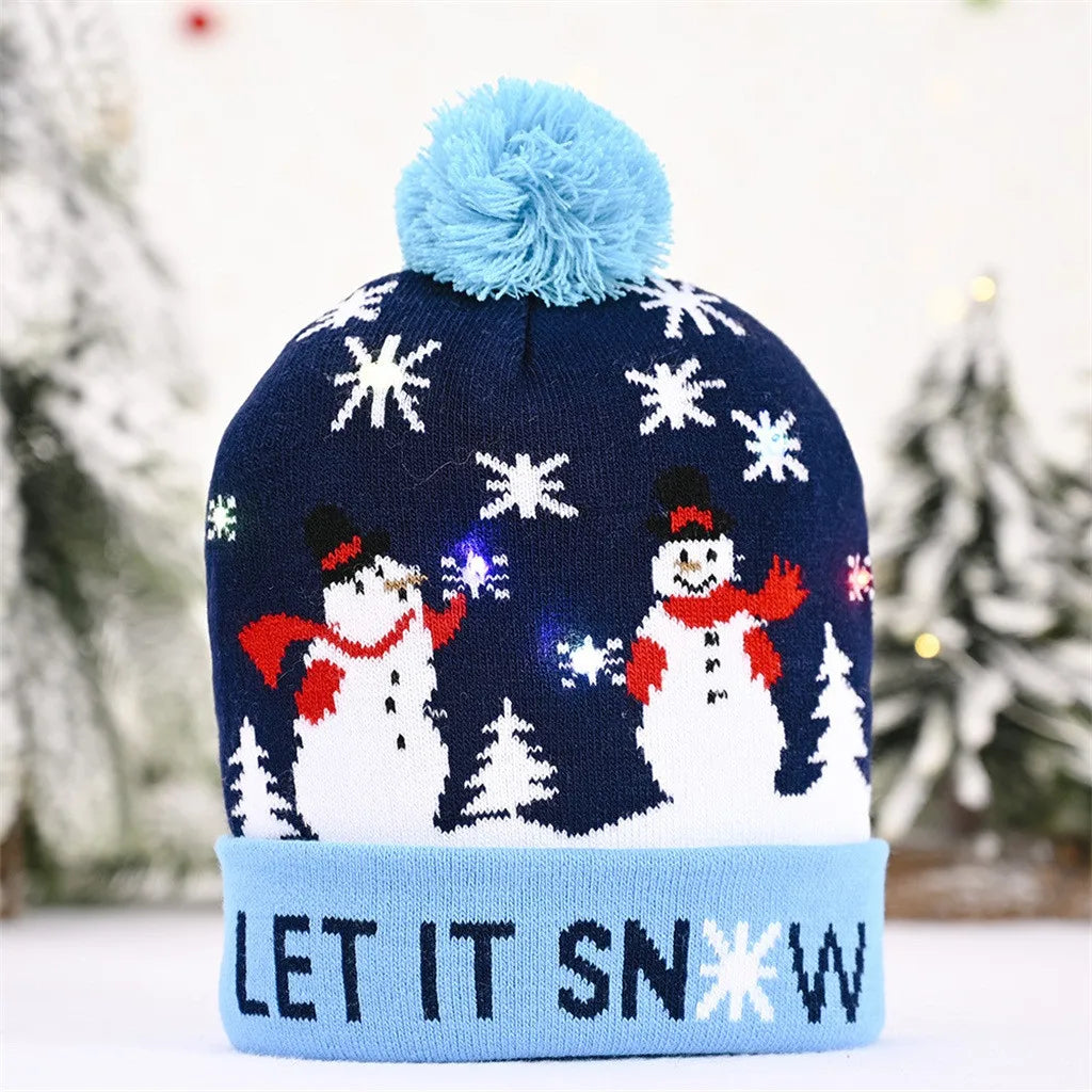 LED Light-Up Christmas Knitted Beanie Hat for Adults and Kids