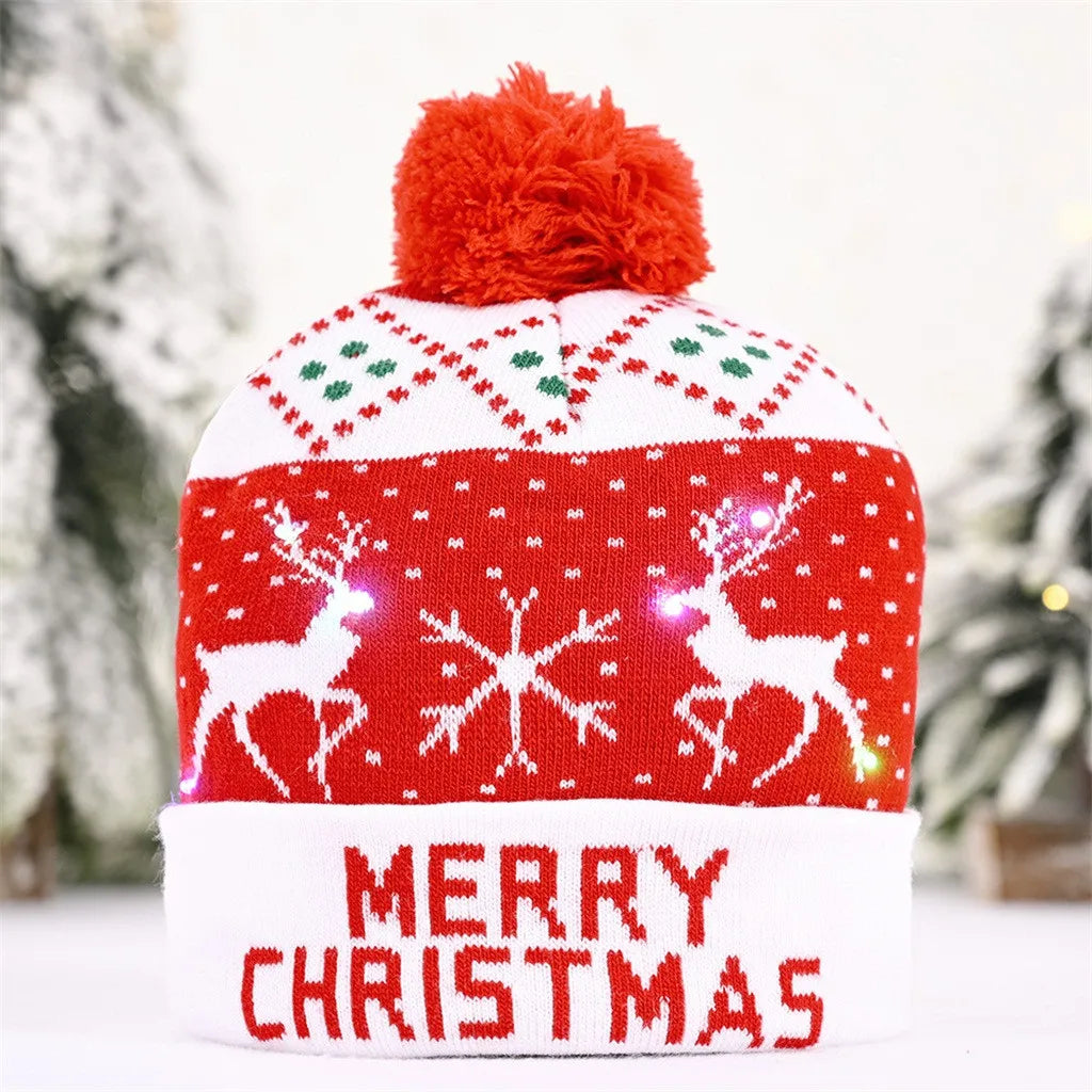 LED Light-Up Christmas Knitted Beanie Hat for Adults and Kids