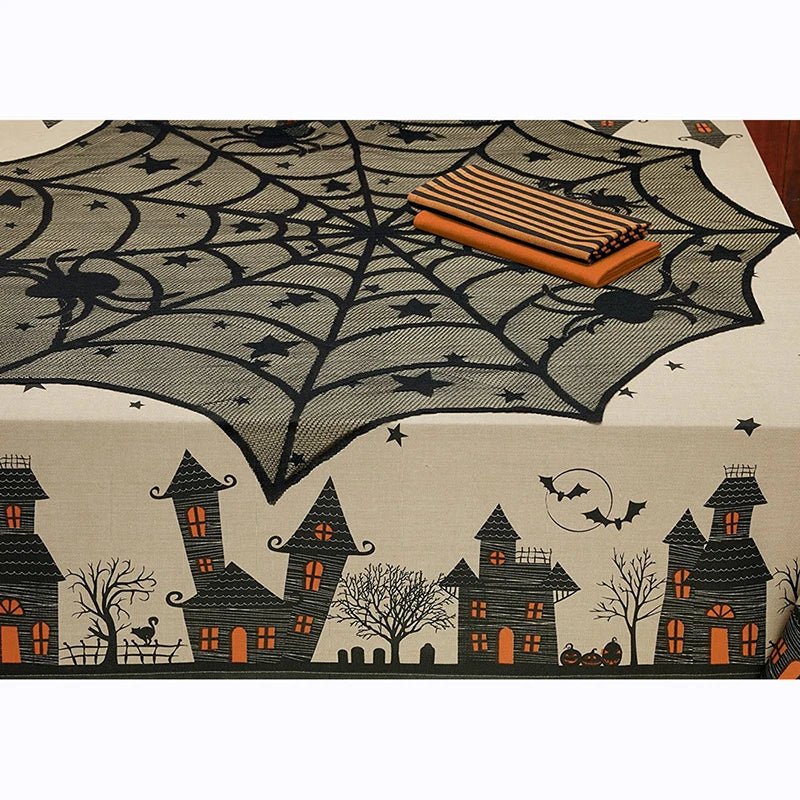 40-Inch Round Halloween Black Spiderweb Lace Tablecloth from Mish Mash Market