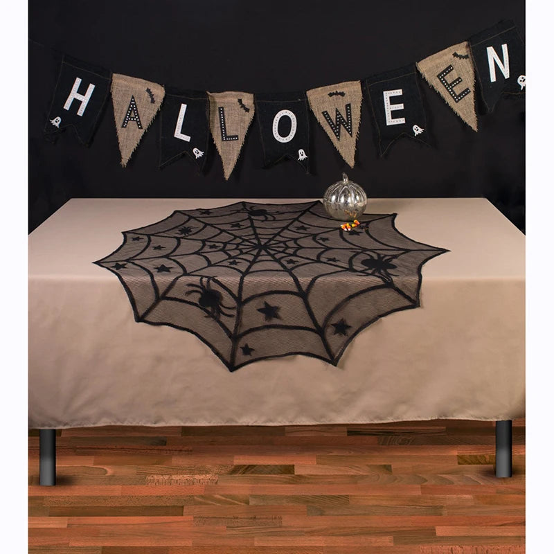 40-Inch Round Halloween Black Spiderweb Lace Tablecloth from Mish Mash Market