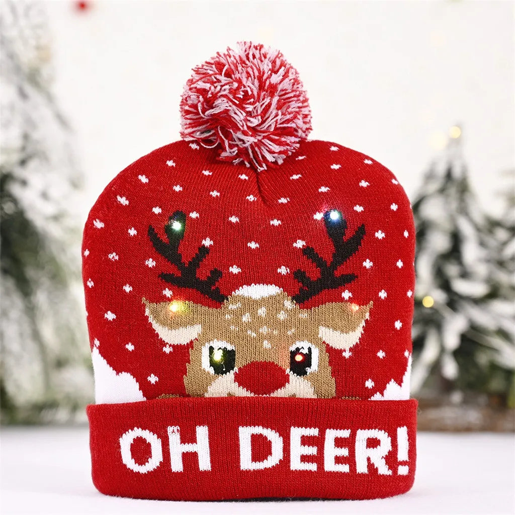 LED Light-Up Christmas Knitted Beanie Hat for Adults and Kids