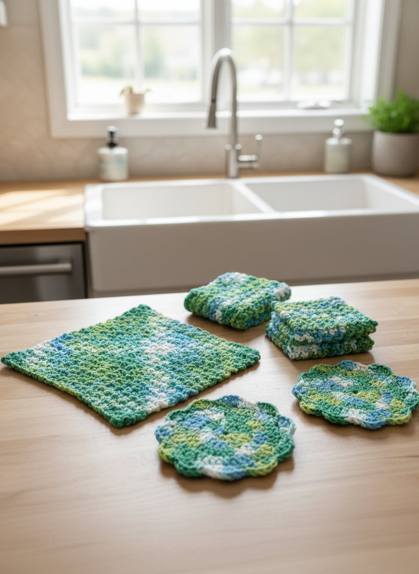 Handmade Crochet Dishcloth/Coaster Set - Green, White & Blue from Mish Mash Market