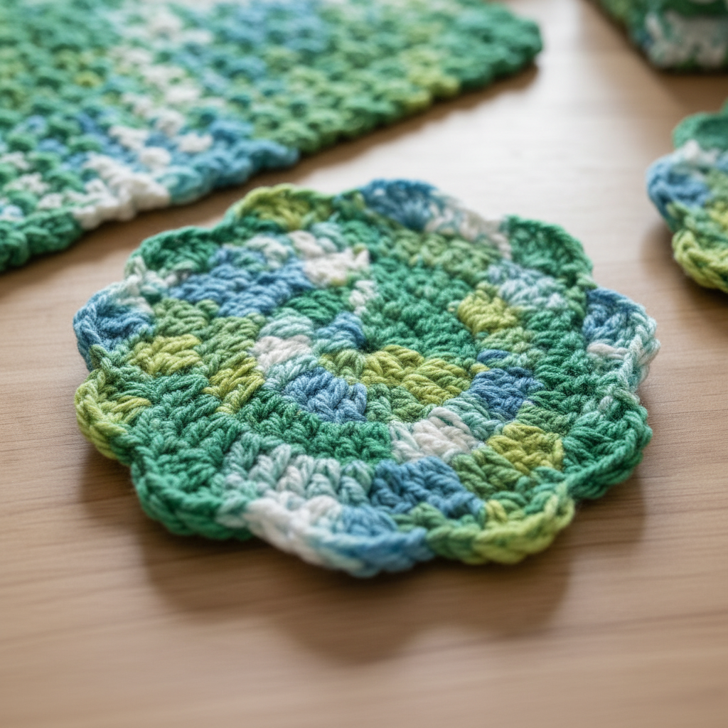 Handmade Crochet Dishcloth/Coaster Set - Green, White & Blue from Mish Mash Market
